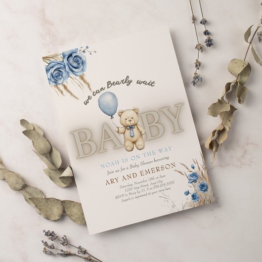 Invitation Boho Teddy Bear Boy Blue à peine attendre bébé