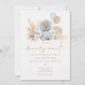Invitation Boho Teddy Bear Boy Blue Bearly Wait Baby shower (Devant)