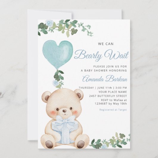 Invitation Boho Teddy Bear Boy Blue Bearly Wait Baby Shower  (Devant)