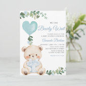 Invitation Boho Teddy Bear Boy Blue Bearly Wait Baby Shower  (Debout devant)