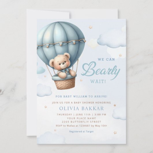 Invitation Boho Teddy Bear Boy Blue Bearly Wait Baby shower (Devant)