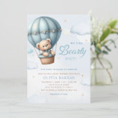 Invitation Boho Teddy Bear Boy Blue Bearly Wait Baby shower (Debout devant)