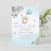 Invitation Boho Teddy Bear Boy Blue Bearly Wait Baby shower (Debout devant)