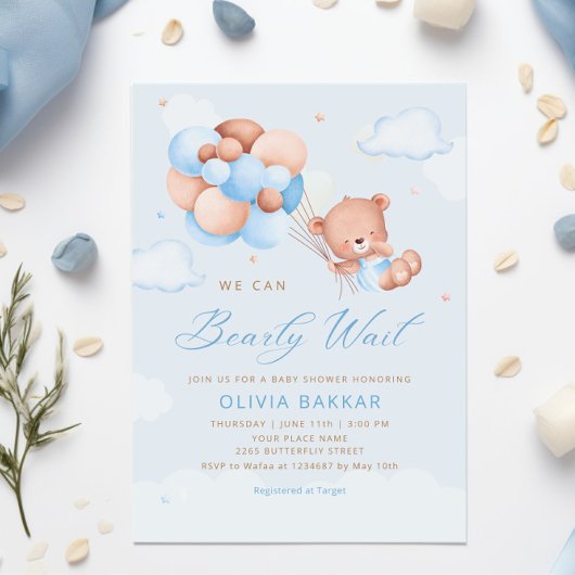 Invitation Boho Teddy Bear Boy Blue Bearly Wait Baby shower I