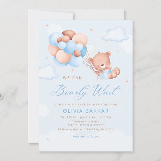 Invitation Boho Teddy Bear Boy Blue Bearly Wait Baby shower I (Devant)