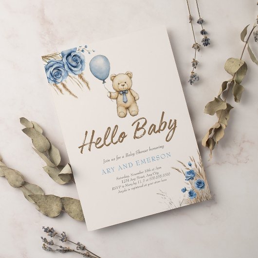 Invitation Boho Teddy Bear Boy Blue Bearly Wait Bébé