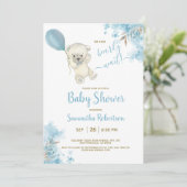 Invitation Boho Teddy Bear Dusty Blue Balloon Baby shower gar (Debout devant)