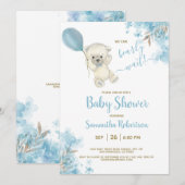 Invitation Boho Teddy Bear Dusty Blue Balloon Baby shower gar (Devant / Derrière)