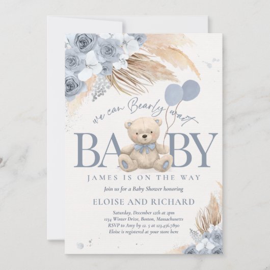 Invitation Boho Teddy Bear Dusty Blue Bearly Wait Baby shower (Devant)