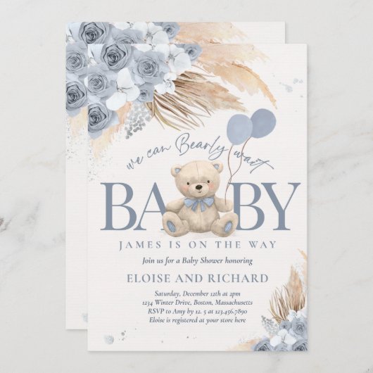 Invitation Boho Teddy Bear Dusty Blue Bearly Wait Baby shower (Devant / Derrière)