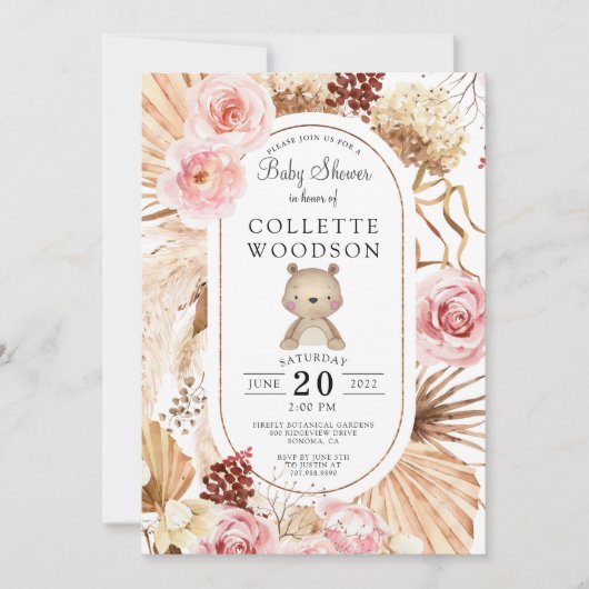 Invitation Boho Teddy Bear Floral rose & Palmetto Baby shower (Devant)