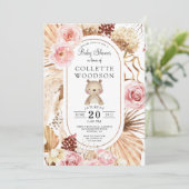 Invitation Boho Teddy Bear Floral rose & Palmetto Baby shower (Debout devant)