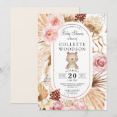 Invitation Boho Teddy Bear Floral rose & Palmetto Baby shower (Devant / Derrière)