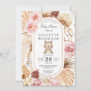 Invitation Boho Teddy Bear Floral rose & Palmetto Baby shower