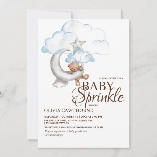Invitation Boho Teddy Bear Garçon Bleu Bébé Baby shower d'arr (Devant)