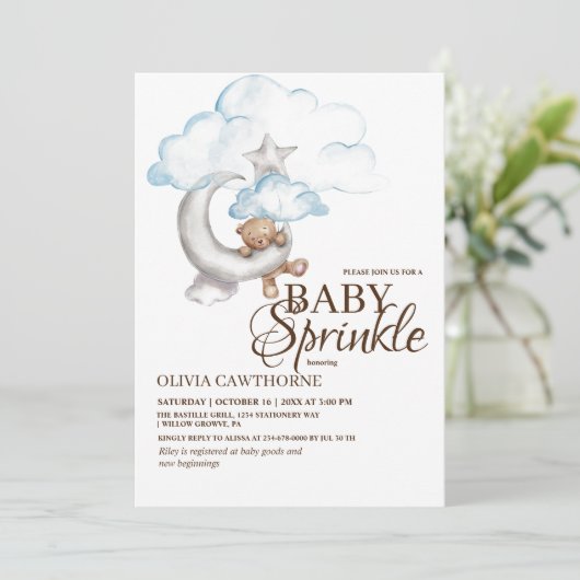 Invitation Boho Teddy Bear Garçon Bleu Bébé Baby shower d'arr (Debout devant)