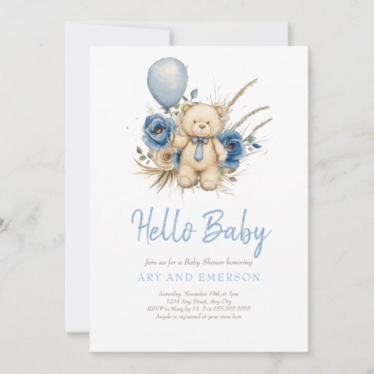 Invitation Boho Teddy Bear Garçon Bleu Bébé d'attente Bébé (Devant)