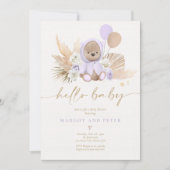 Invitation Boho Teddy Bear Girl Lilac Bearly Wait Baby shower (Devant)