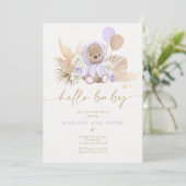 Invitation Boho Teddy Bear Girl Lilac Bearly Wait Baby shower (Debout devant)