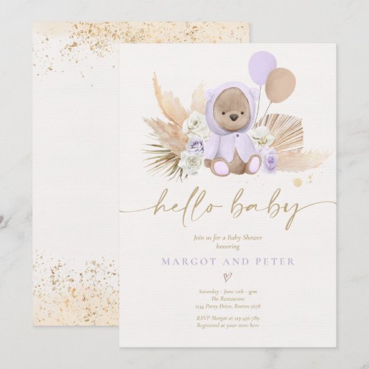 Invitation Boho Teddy Bear Girl Lilac Bearly Wait Baby shower (Devant / Derrière)