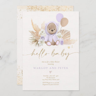 Invitation Boho Teddy Bear Girl Lilac Bearly Wait Baby shower