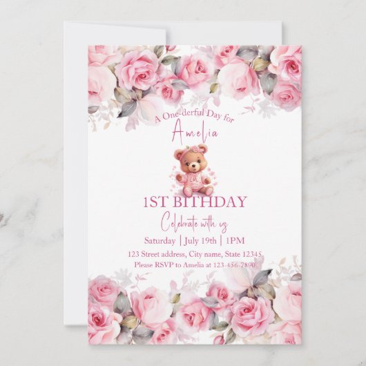 Invitation Boho Teddy Bear Girl Pink Bear Floral Birthday  (Devant)