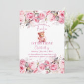 Invitation Boho Teddy Bear Girl Pink Bear Floral Birthday  (Debout devant)
