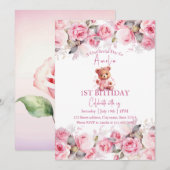 Invitation Boho Teddy Bear Girl Pink Bear Floral Birthday  (Devant / Derrière)