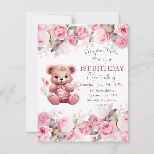 Invitation Boho Teddy Bear Girl Pink Bear Floral Birthday (Devant)