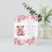 Invitation Boho Teddy Bear Girl Pink Bear Floral Birthday (Debout devant)