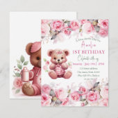 Invitation Boho Teddy Bear Girl Pink Bear Floral Birthday (Devant / Derrière)
