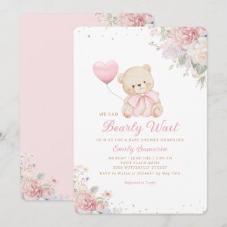Invitation Boho Teddy Bear Girl Pink Bearly Wait Baby Shower