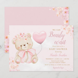 Invitation Boho Teddy Bear Girl Pink Bearly Wait Baby Shower
