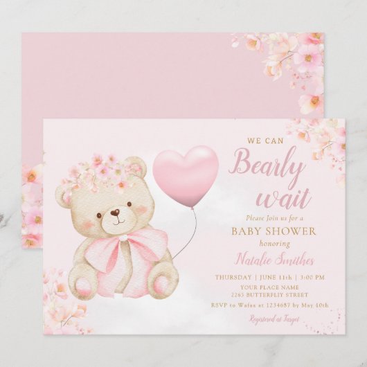 Invitation Boho Teddy Bear Girl Pink Bearly Wait Baby Shower (Devant / Derrière)