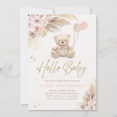 Invitation Boho Teddy Bear Girl Rose Bearly Wait Baby shower (Devant)