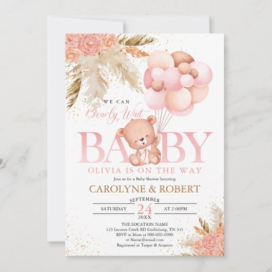Invitation Boho Teddy Bear Girl Rose Bearly Wait Baby shower (Devant)