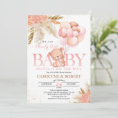 Invitation Boho Teddy Bear Girl Rose Bearly Wait Baby shower (Debout devant)