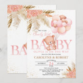 Invitation Boho Teddy Bear Girl Rose Bearly Wait Baby shower (Devant / Derrière)