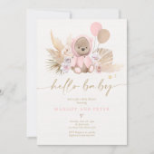 Invitation Boho Teddy Bear Girl Rose Bearly Wait Baby shower (Devant)