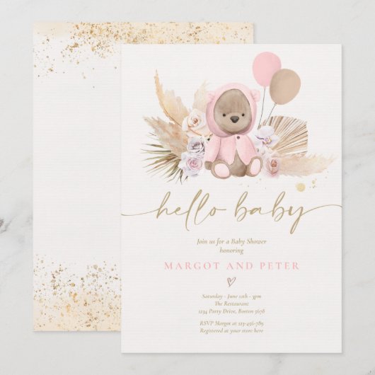 Invitation Boho Teddy Bear Girl Rose Bearly Wait Baby shower (Devant / Derrière)