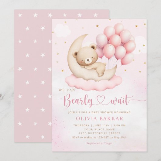 Invitation Boho Teddy Bear Girl Rose Bearly Wait Baby shower (Devant / Derrière)