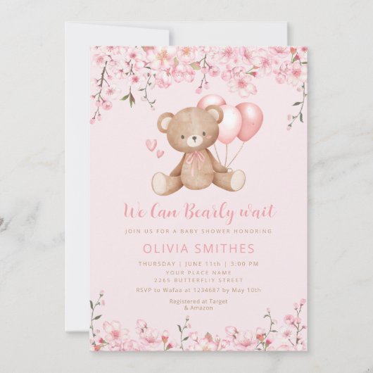 Invitation Boho Teddy Bear Girl Rose Bearly Wait Baby shower (Devant)
