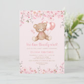 Invitation Boho Teddy Bear Girl Rose Bearly Wait Baby shower (Debout devant)