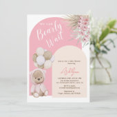 Invitation Boho Teddy Bear Girl Rose Bearly Wait Baby shower (Debout devant)