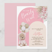 Invitation Boho Teddy Bear Girl Rose Bearly Wait Baby shower (Devant / Derrière)