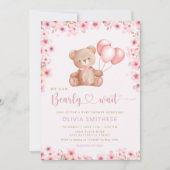 Invitation Boho Teddy Bear Girl Rose Bearly Wait Baby shower (Devant)