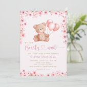 Invitation Boho Teddy Bear Girl Rose Bearly Wait Baby shower (Debout devant)