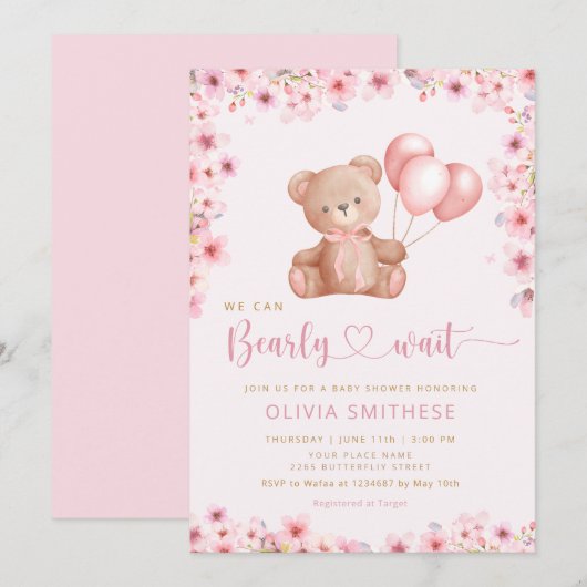 Invitation Boho Teddy Bear Girl Rose Bearly Wait Baby shower (Devant / Derrière)