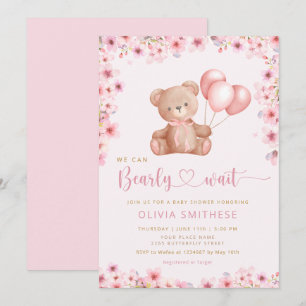 Invitation Boho Teddy Bear Girl Rose Bearly Wait Baby shower