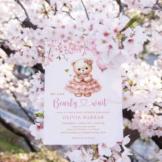 Invitation Boho Teddy Bear Girl Rose Bearly Wait Baby shower